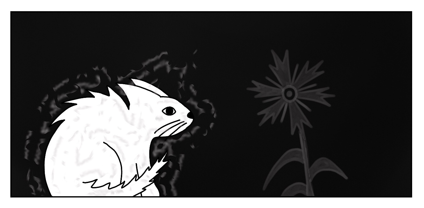 a black and white drawing of a freaked-out cat and a ghostly flower