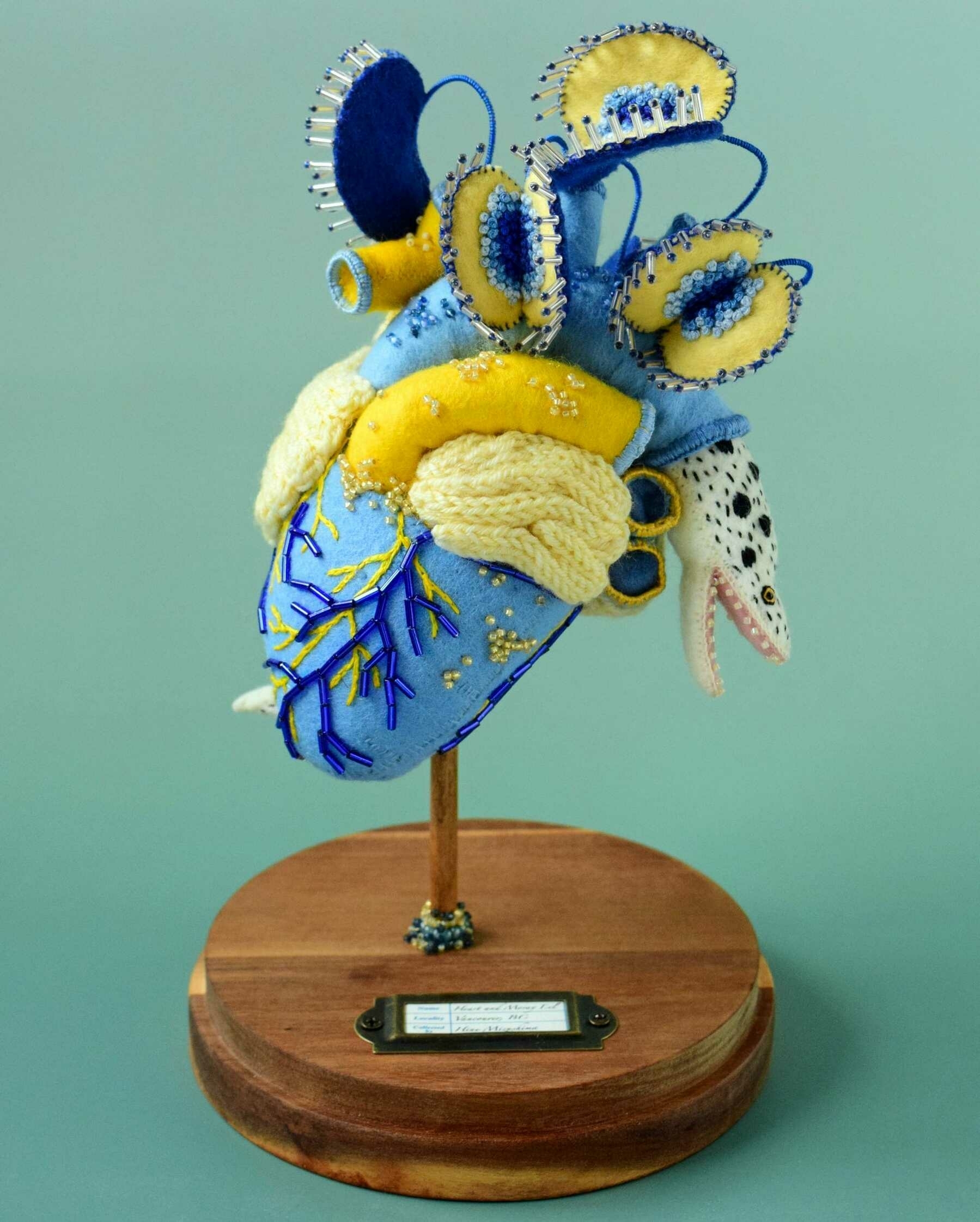 Heart Moray Eeel: a blue and yellow soft sculpture by Hiné Mizushima