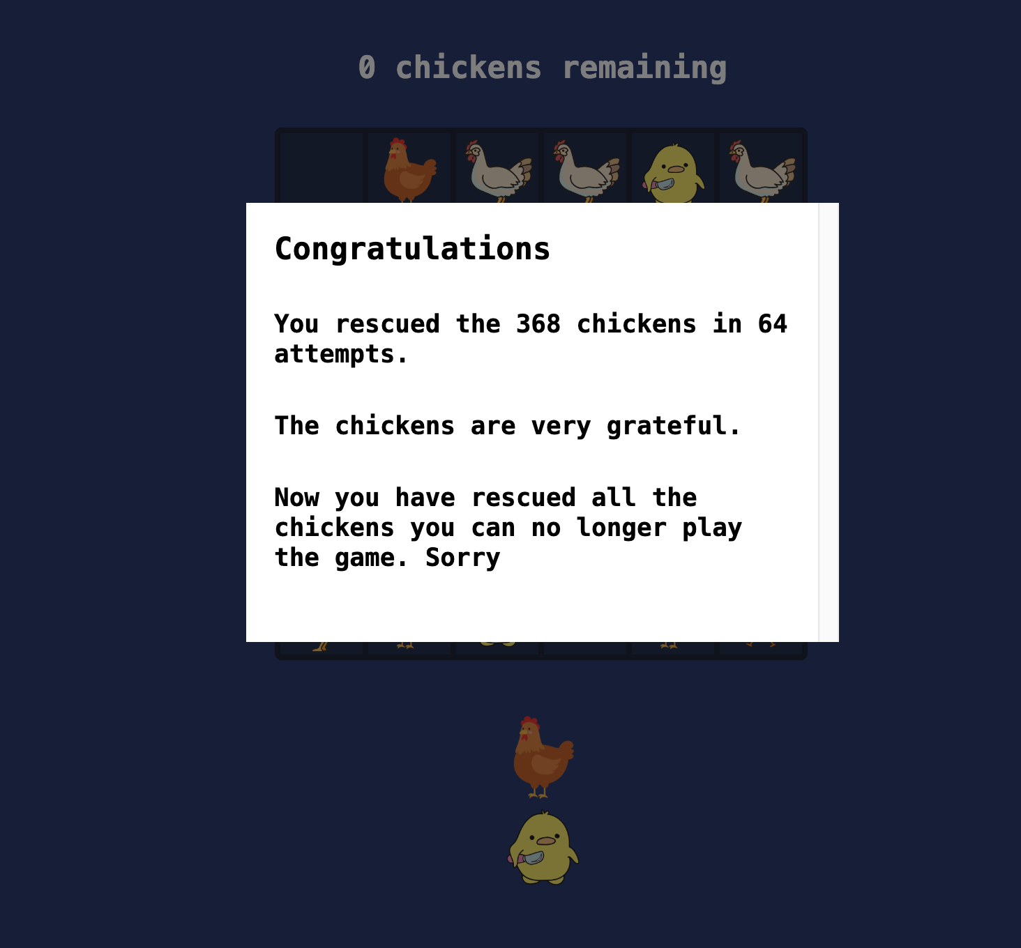 a screenshot.  a window says: congratulations. you rescued the 368 chickens in 64 attempts. the chickens are very grateful. now you have rescued all the chickens you can no longer play the game. sorry.